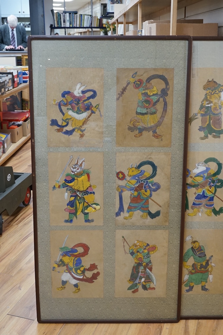 Chinese School, set of twelve watercolours, Signs of the Zodiac, mounted and framed as two, overall 139 x 71cm. Condition - fair